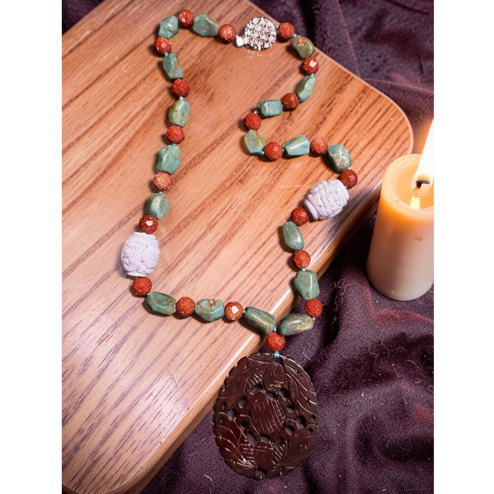 Vintage Carved Pendant Necklace: Agate & Turquoise Beads, Sterling 925 Clasp